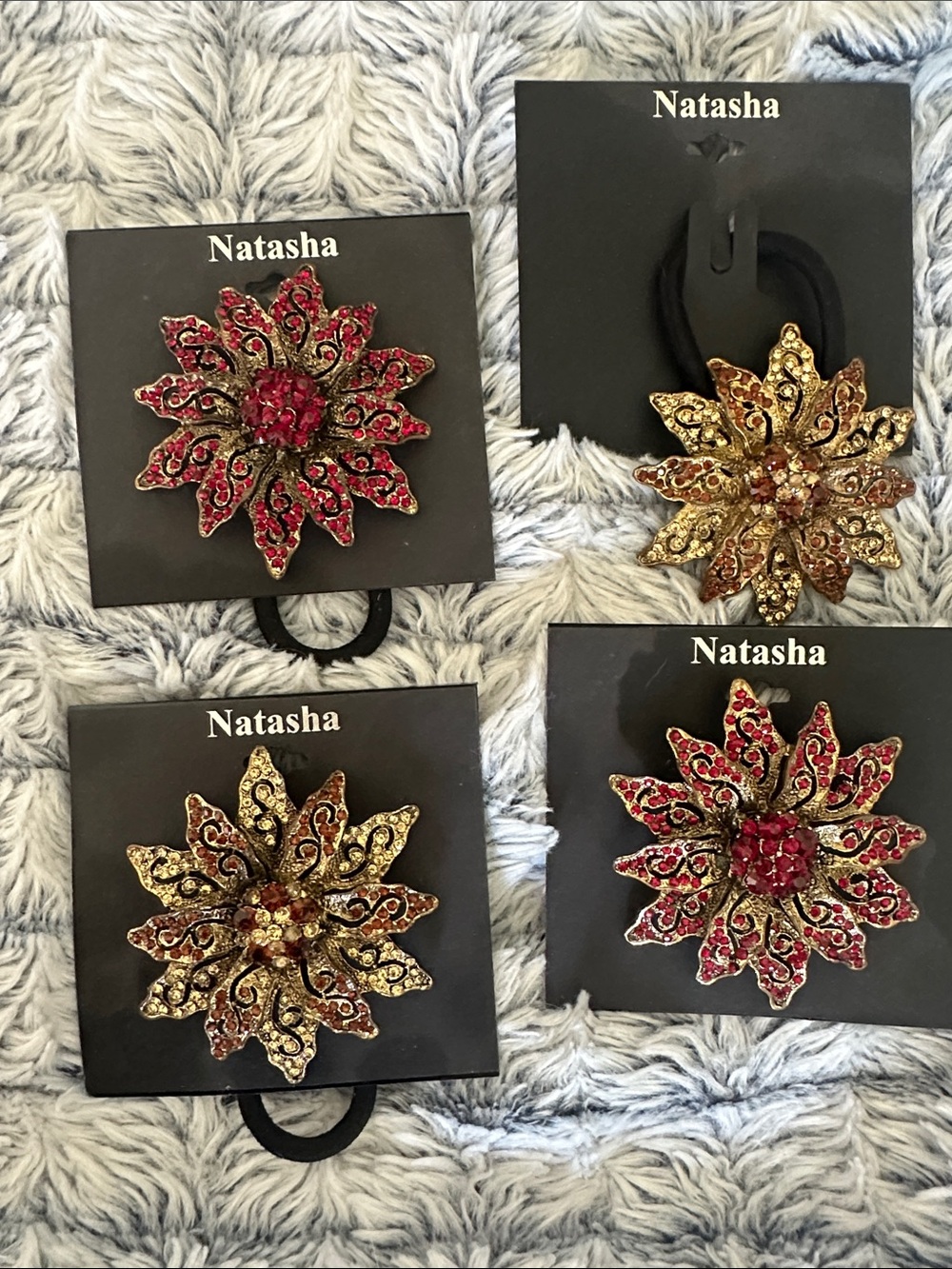 Natasha Couture Red & Gold Floral Crystal Hair Ties - Set of 4